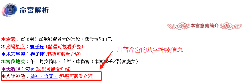 川普八字十二宮占星盤,八字神煞